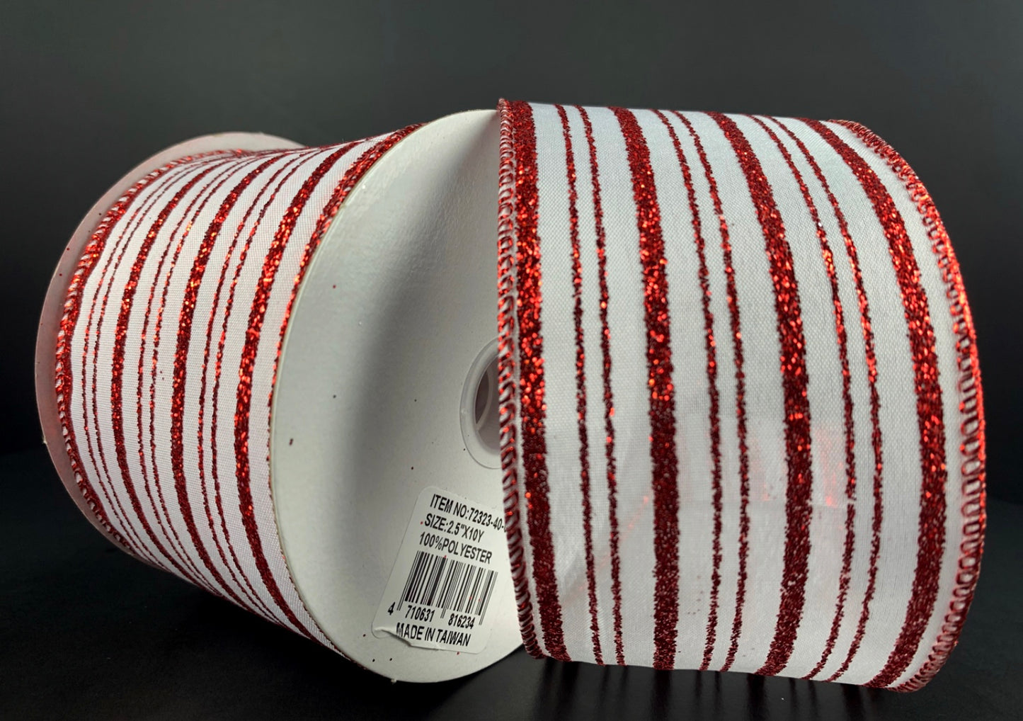 10 Yards - 2.5” Wired White Satin Ribbon with Red Glitter Stripes