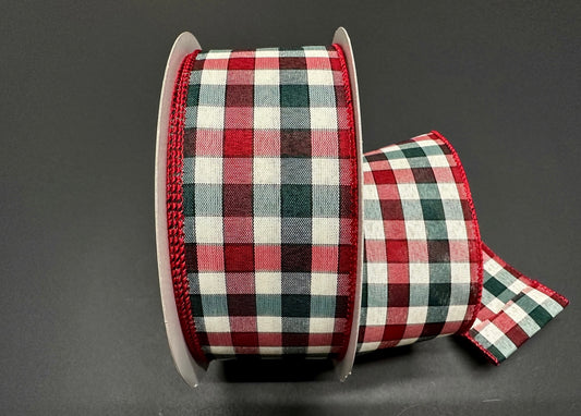 50 Yards - 2.5” Wired Green, Cream, and Dark Red Check Christmas Ribbon