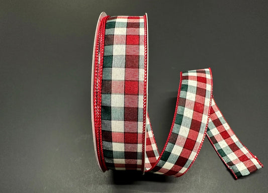 50 Yards - 1.5” Wired Green, Cream, and Dark Red Check Christmas Ribbon