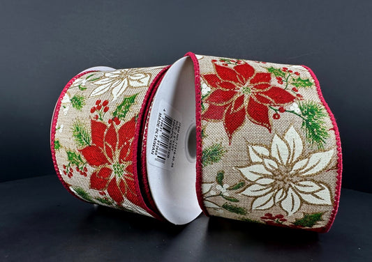 10 Yards - 2.5” Wired Red and White Poinsettia Christmas Ribbon with Gold Glitter Accent
