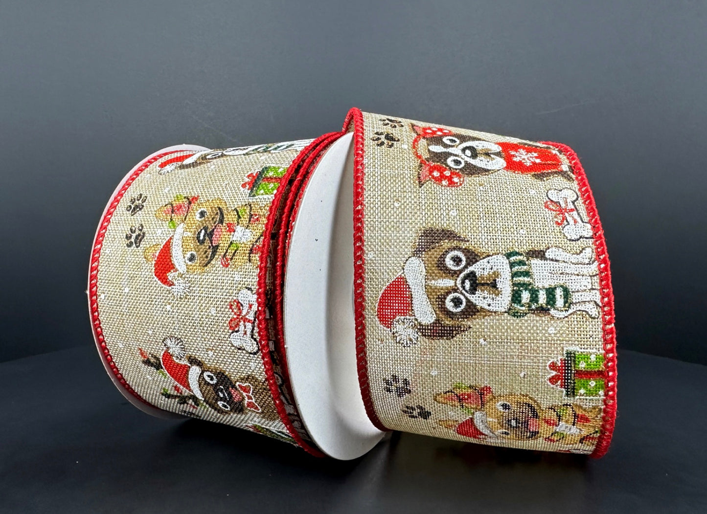 10 Yards - 2.5” Wired Christmas Dog Ribbon with Glitter Accent