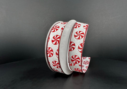 10 Yards - 7/8” Wired Christmas Peppermint Candy Ribbon with Glitter Accent