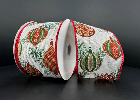 10 Yards - 2.5” Wired Christmas Ornament Ribbon with Glitter Accent