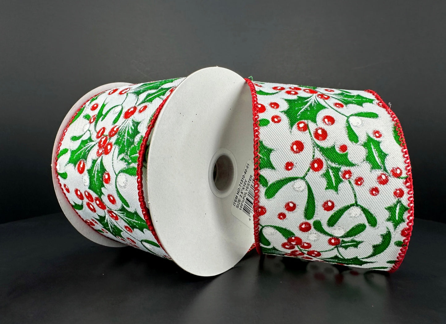 10 Yards - 2.5” Wired Christmas Holly Ribbon with Glitter Accent