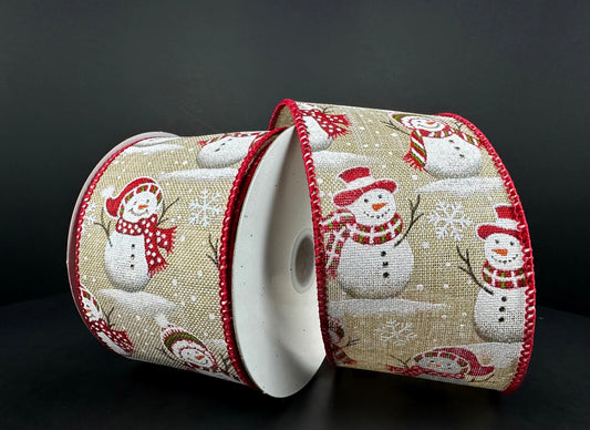 10 Yards - 2.5” Wired Christmas Snowman Ribbon with Glitter Accent