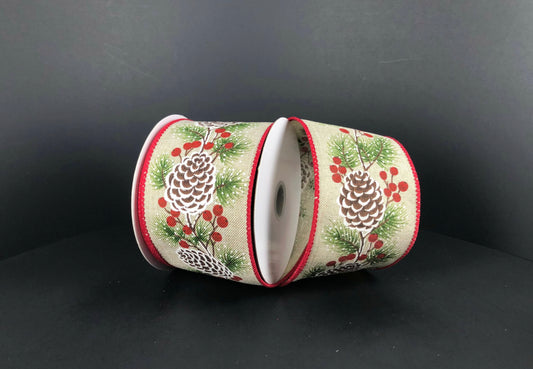 10 Yards - 2.5” Wired Winter Pinecone Ribbon