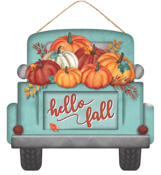 12”x11.5” Hello Fall Truck Wreath Sign