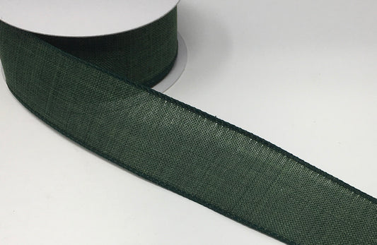 10 Yards - 1.5” Wired Dark Green Linen Ribbon