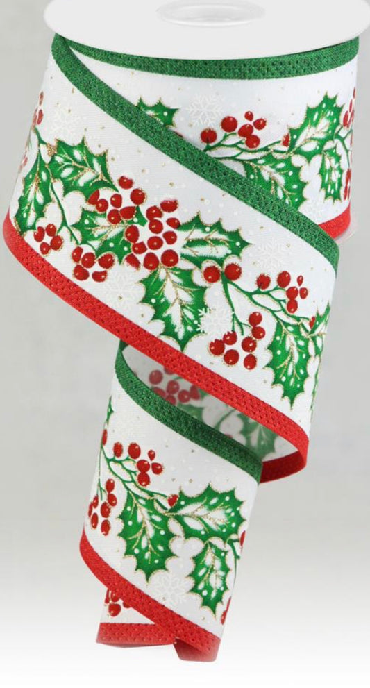 10 Yards - 2.5” Wired Christmas Holly Ribbon with Gold Glitter Accent and Red and Green Edge