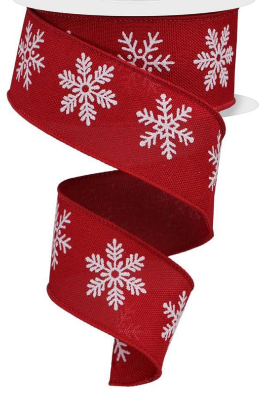 10 Yards - 1.5” Wired Red and White Glitter Snowflake Ribbon