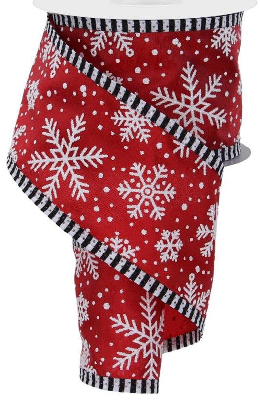 10 Yards - 2.5” Wired Red and White Glitter Snowflake Ribbon with Black and White Stripe Edge