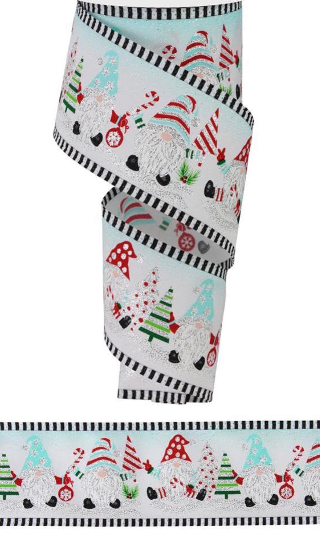 10 Yards - 2.5" Wired Christmas Gnome Ribbon with Stripe Edge