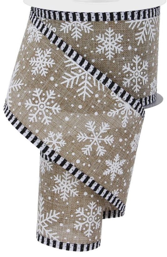 10 Yards - 2.5” Wired Natural Background White Winter Snowflake Ribbon with Black and White Stripe Edge