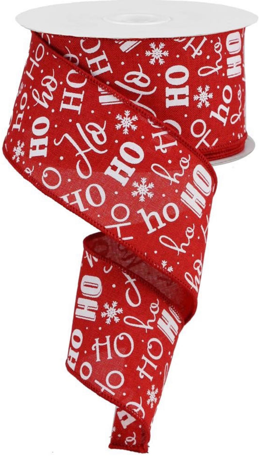 10 Yards - 2.5” Wired Red and White Ho Ho Ho Santa Christmas Ribbon