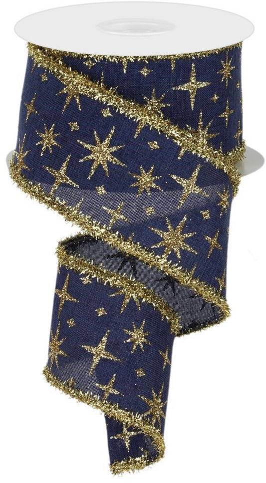 10 Yards - 2.5” Wired Navy Blue with Gold Glitter Stars Christmas Ribbon with Gold Tinsel Edge