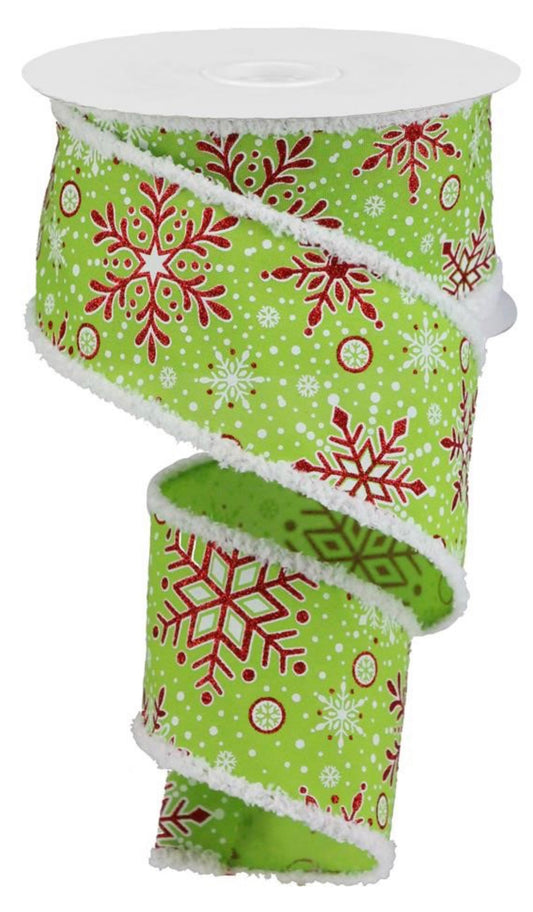 10 Yards - 2.5” Wired Lime Green Background Snowflake Ribbon with Red Glitter Accent and Snowdrift Edge