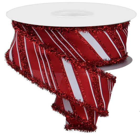 10 Yards - 1.5” Wired Red and White Candy Stripe Glitter Christmas Ribbon with Red Tinsel Edge