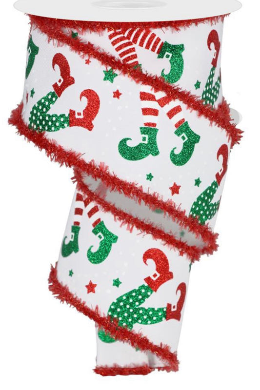 10 Yards - 2.5” Wired Elf Leg Christmas Ribbon with Glitter Accent and Drift Edge