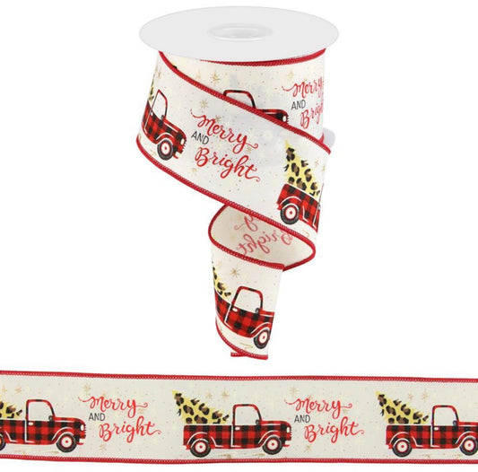 10 Yards - 2.5” Wired Cream Background Merry and Bright Christmas Truck and Cheetah Tree Ribbon with Glitter Accent