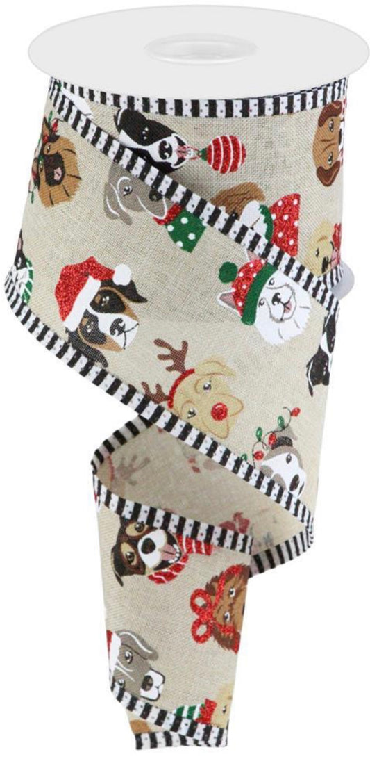 10 Yards - 2.5” Wired Natural Background Christmas Pooch Dog Ribbon with Glitter Accent