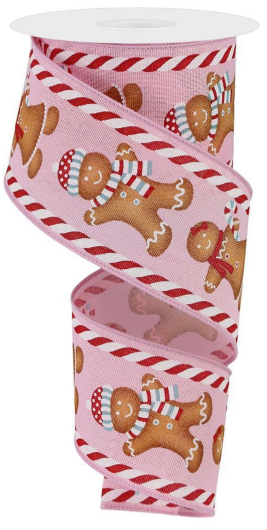 10 Yards - 2.5” Wired Pink Background Christmas Gingerbread Ribbon