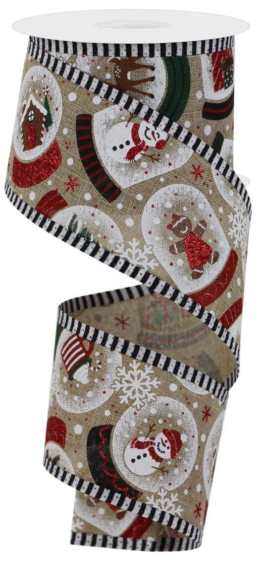 10 Yards - 2.5” Wired Natural Background Winter Snow Globe Ribbon with Red Glitter Accent and Stripe Edge
