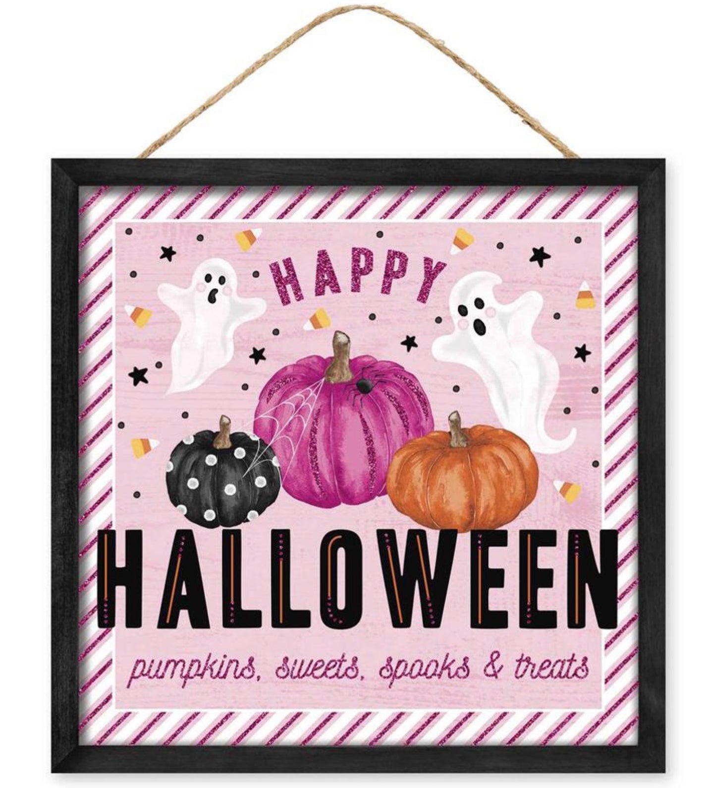 10” Square Pink Happy Halloween Wreath Sign with Glitter Accent