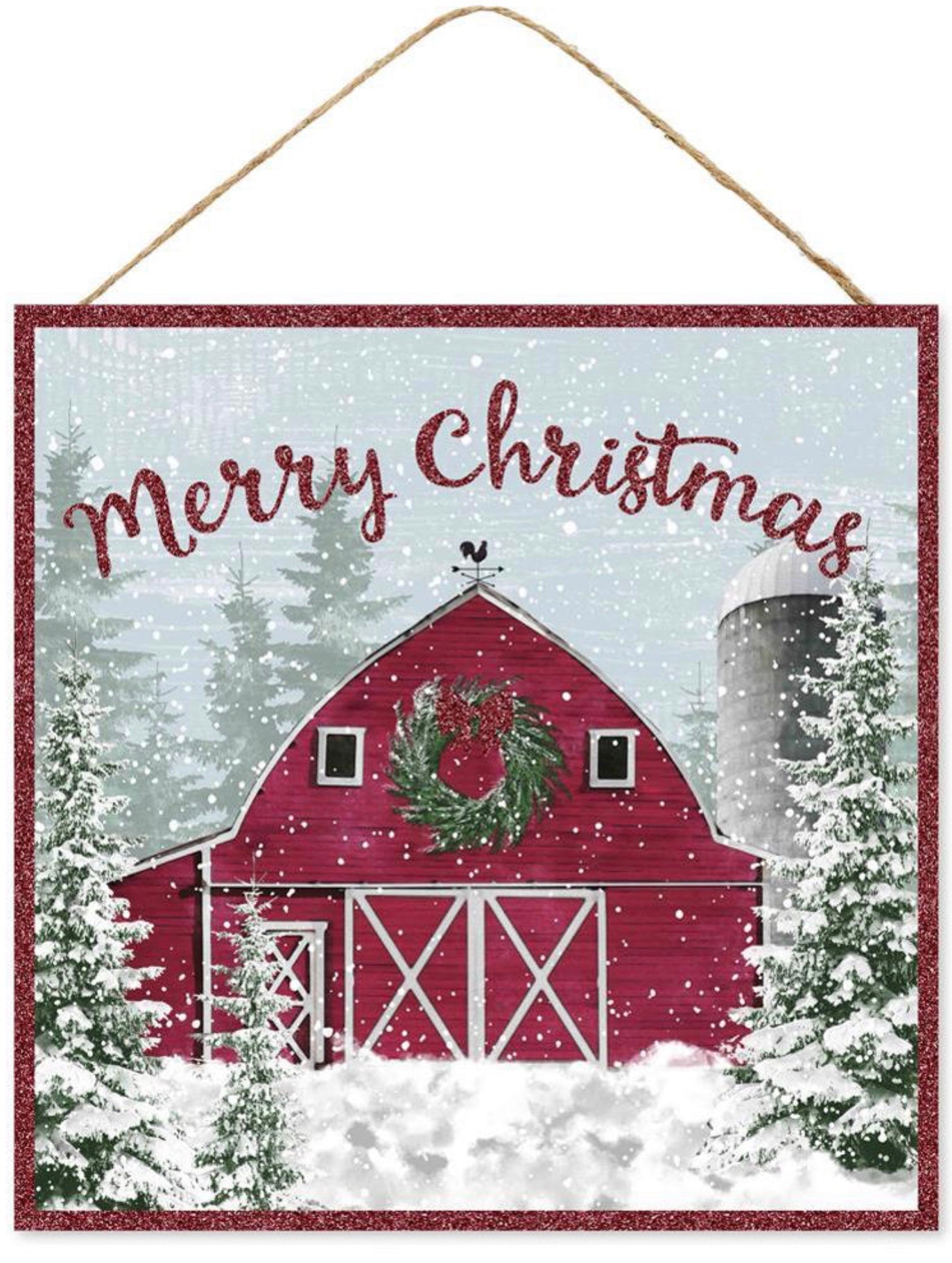 10” Square Merry Christmas Barn Wreath Sign with Glitter Accent