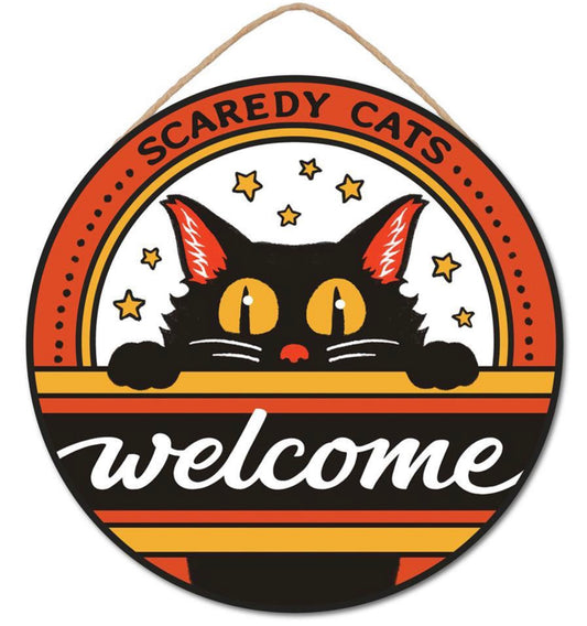 10.5” Round Welcome Scaredy Cats Halloween Wreath Sign