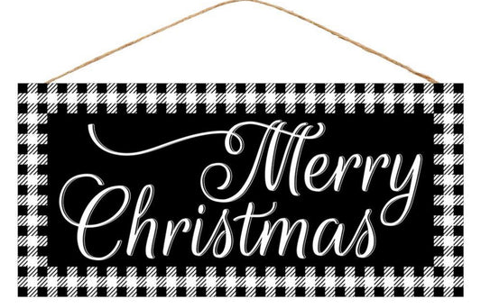 12”x6” Black and White Check Merry Christmas Wreath Sign