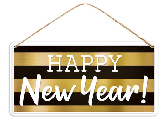 12”x6” Metal Tin Black and Gold Happy New Year Wreath Sign