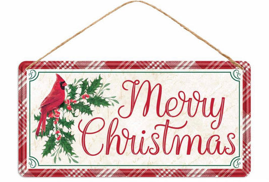 12”x6” Metal Tin Merry Christmas Cardinal Wreath Sign