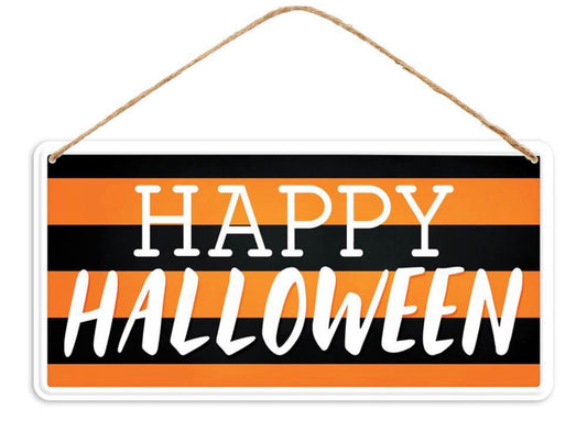 12”x6” Metal Tin Happy Halloween Stripe Wreath Sign