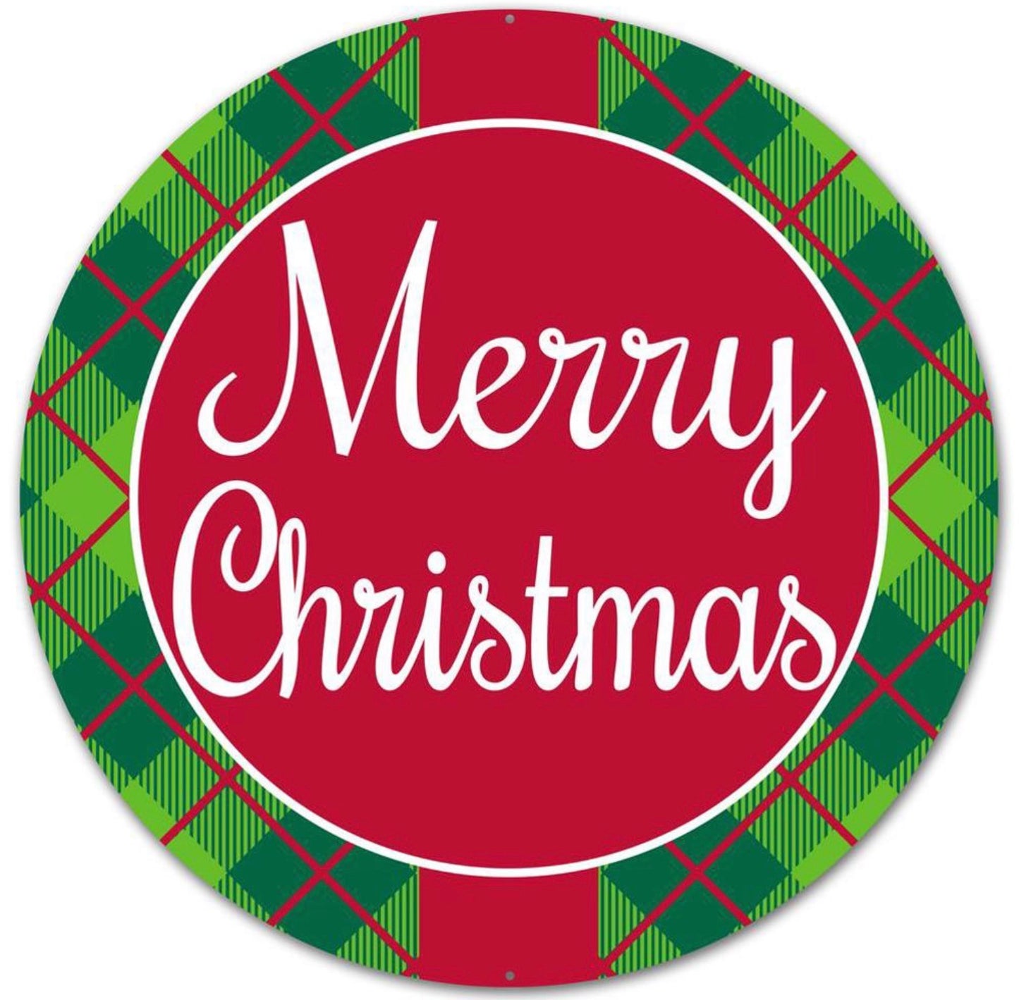 12” Round Metal Plaid Merry Christmas Wreath Sign