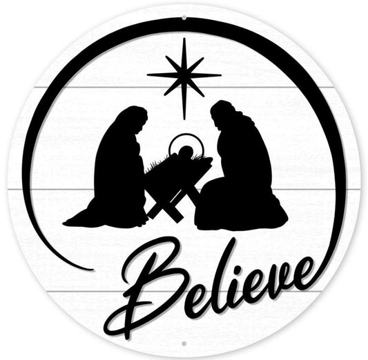 12” Round Metal Believe Holy Family Christmas Wreath Sign