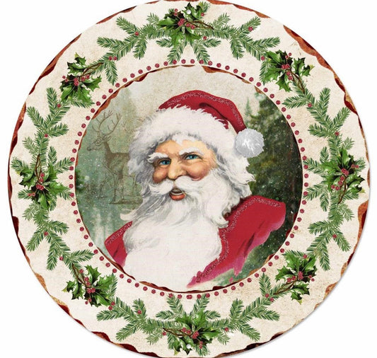 12” Round Metal Vintage Santa Wreath Sign with Glitter Accent