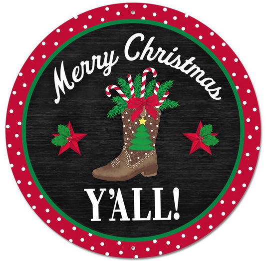 12” Round Metal Merry Christmas Y’all Cowboy Boot Wreath Sign