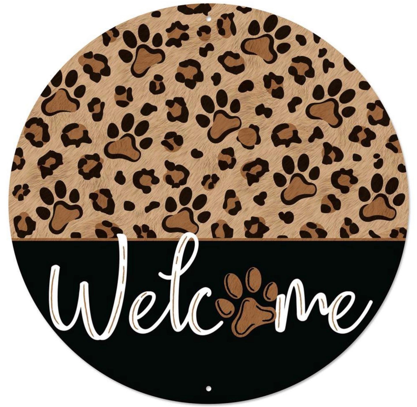 12” Round Metal Welcome Paw Print Wreath Sign