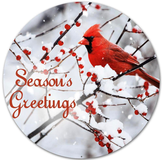 12” Round Metal Season’s Greetings Winter Cardinal Wreath Sign