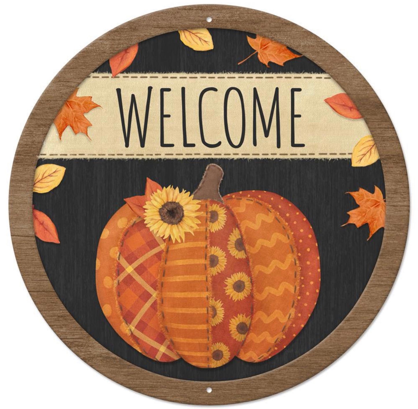 12” Round Metal Fall Welcome Pumpkin Wreath Sign