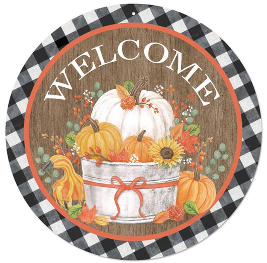 12” Round Metal Fall Welcome Pumpkin Floral Wreath Sign