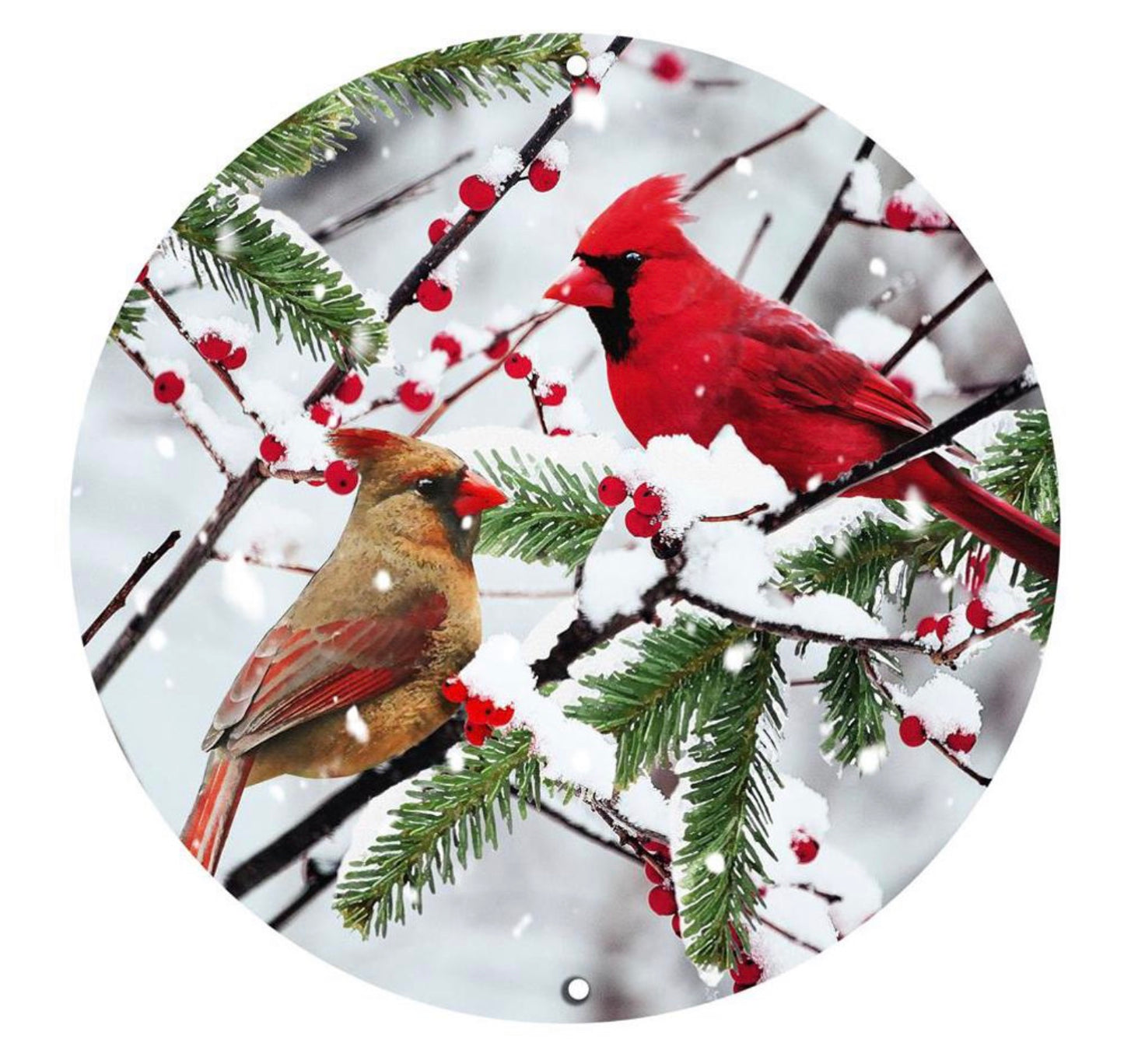 12” Round Metal Winter Cardinal Wreath Sign