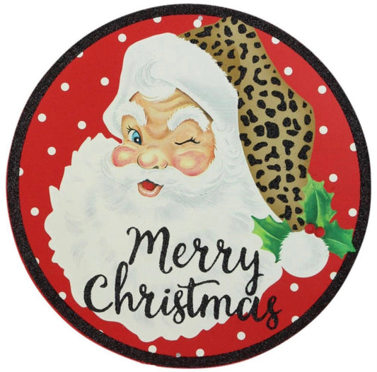 12” Round Metal Merry Christmas Santa Wreath Sign with Glitter Accent