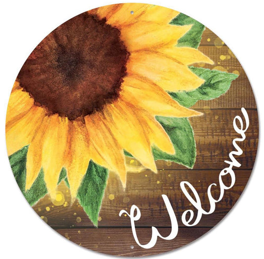 12” Round Metal Welcome Sunflower Wreath Sign