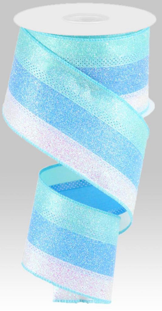 10 Yards - 2.5" Wired Tri-Color (ice blue, periwinkle, and white) Heavy Glitter Stripe Ribbon