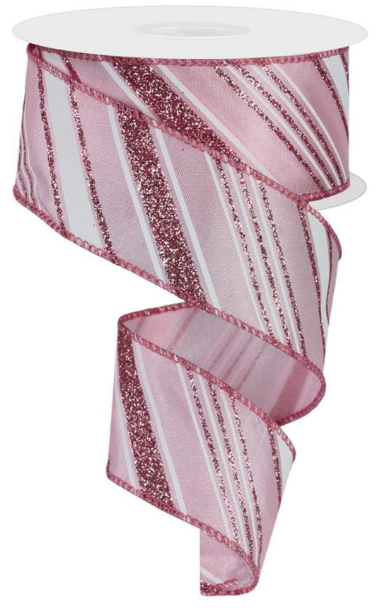 10 Yards - 1.5" Wired Pink and White Glitter Swirl Stripe Christmas Ribbon