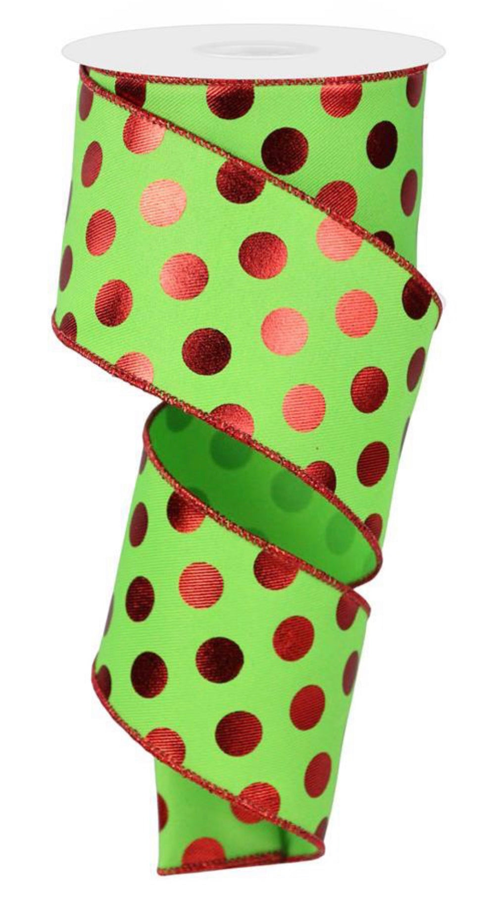 10 Yards - 2.5" Wired Lime Green and Metallic Red Polka Dot Christmas Ribbon