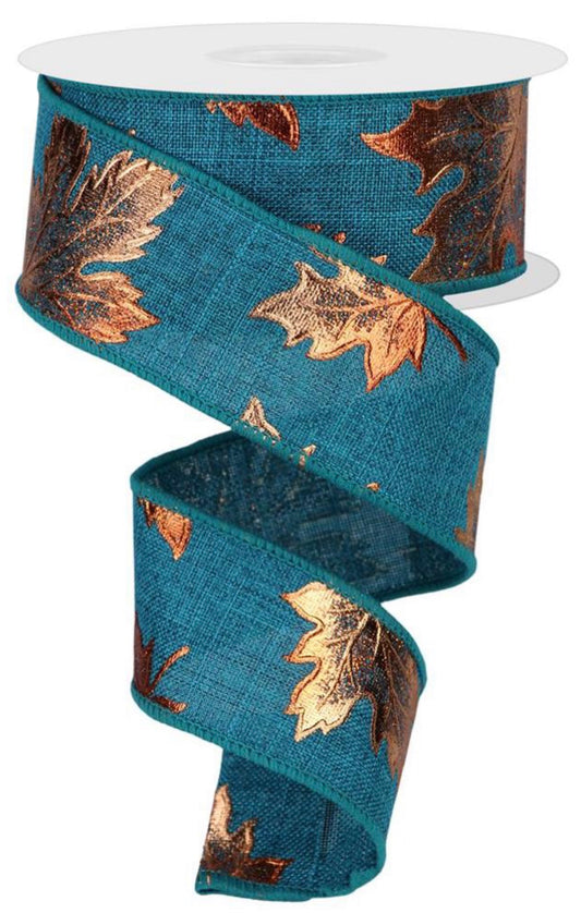 10 Yards - 1.5” Wired Teal Background with Orange Foil Fall Leaves Ribbon