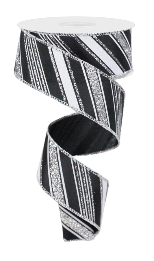 10 Yards - 1.5” Wired Black, White, and Silver Glitter Swirl Stripe Ribbon