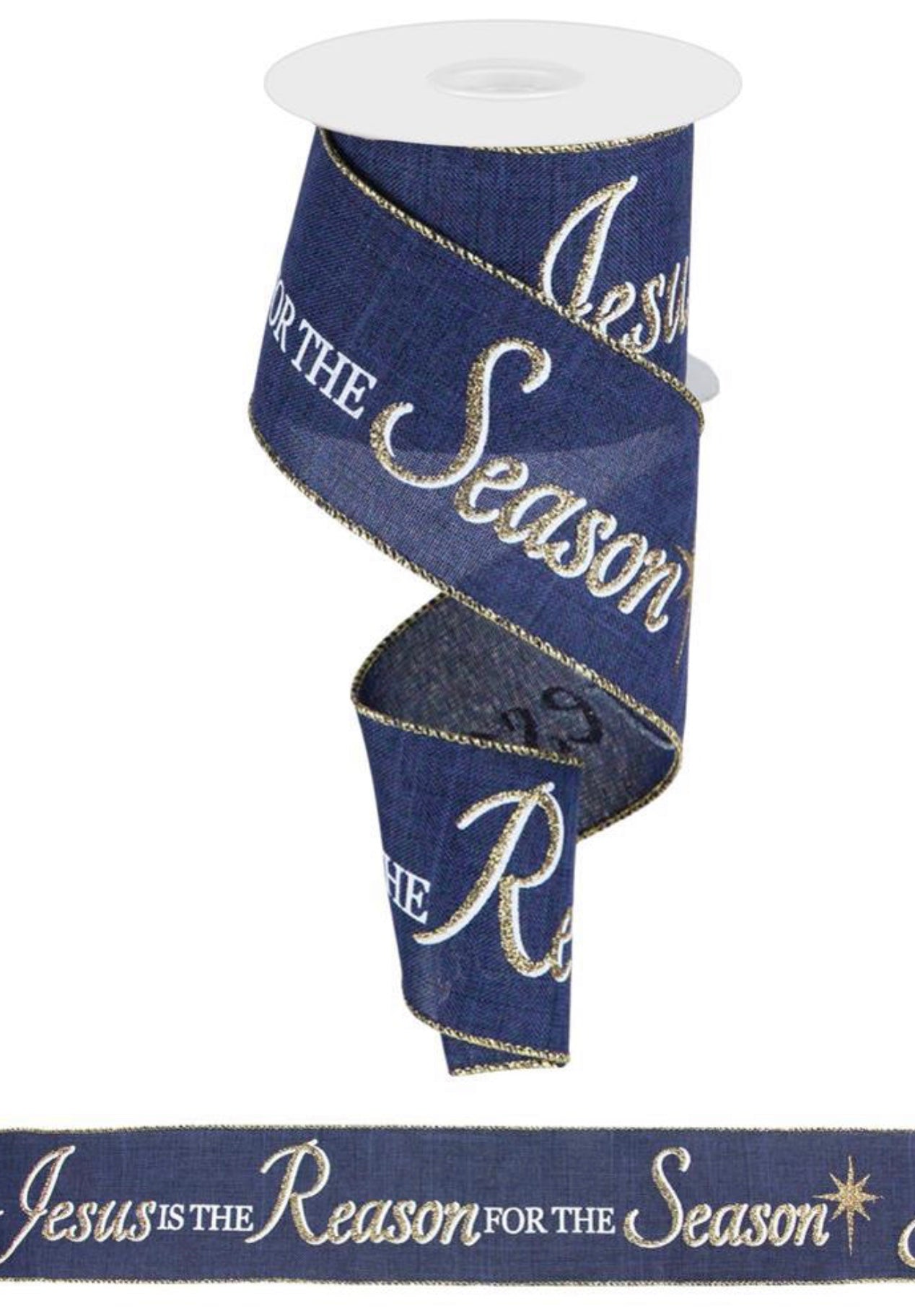 10 Yards - 2.5” Wired Navy Blue and Gold Jesus is the Reason for the Season Christmas Ribbon with Glitter Accent